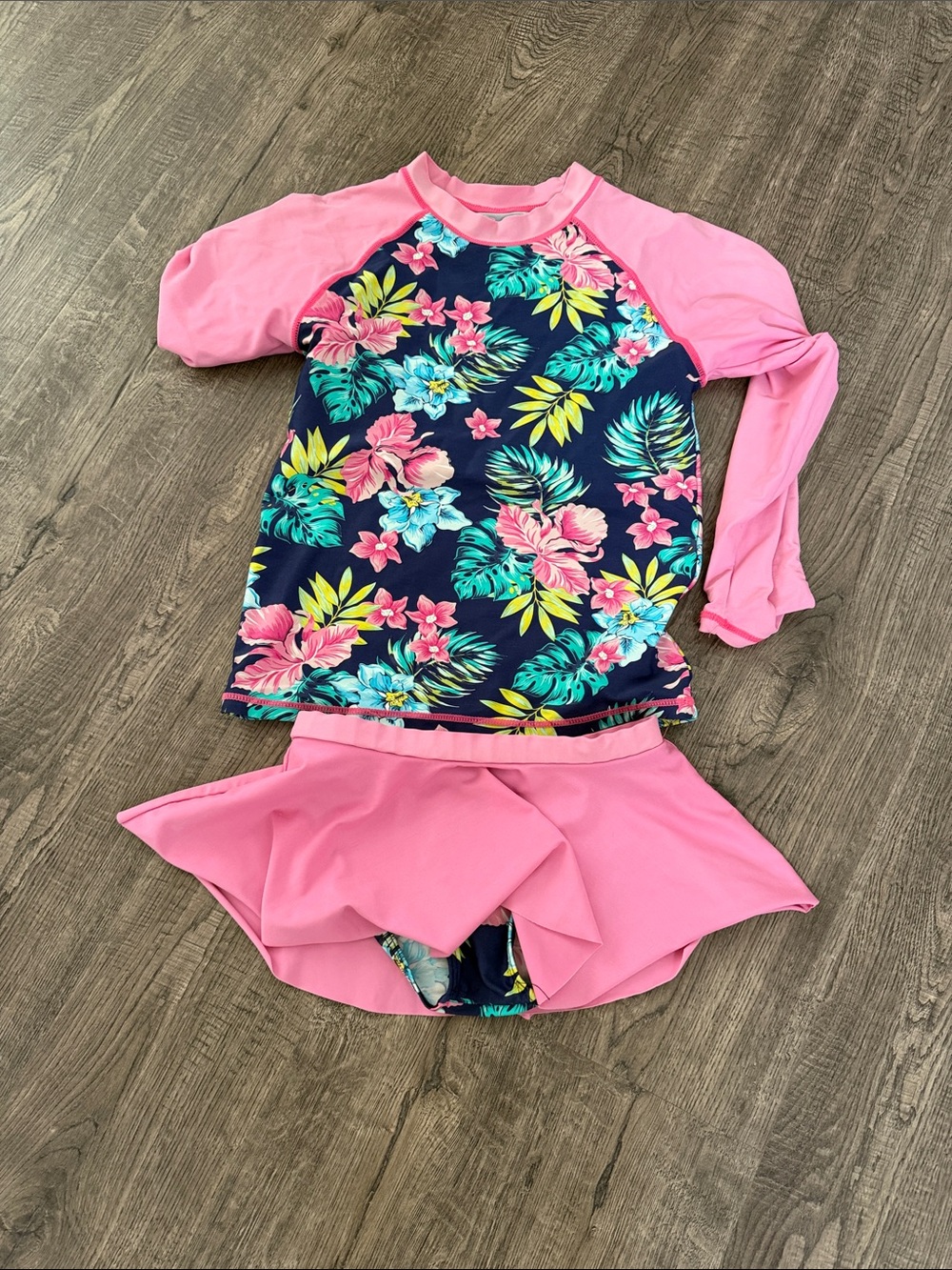 Girls' Navy Floral & Pink Long-Sleeve Rashguard Swim Set